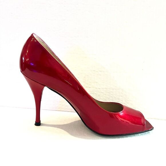 Stuart Weitzman Cherry Red Patent Peep toe Heels 8M - Picture 5 of 14